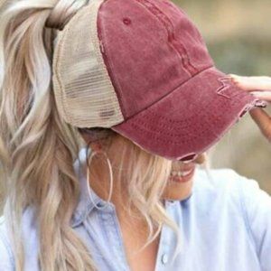 High Ponytail Red Vintage Washed Distressed Twill Mesh Baseball Cap- One Size